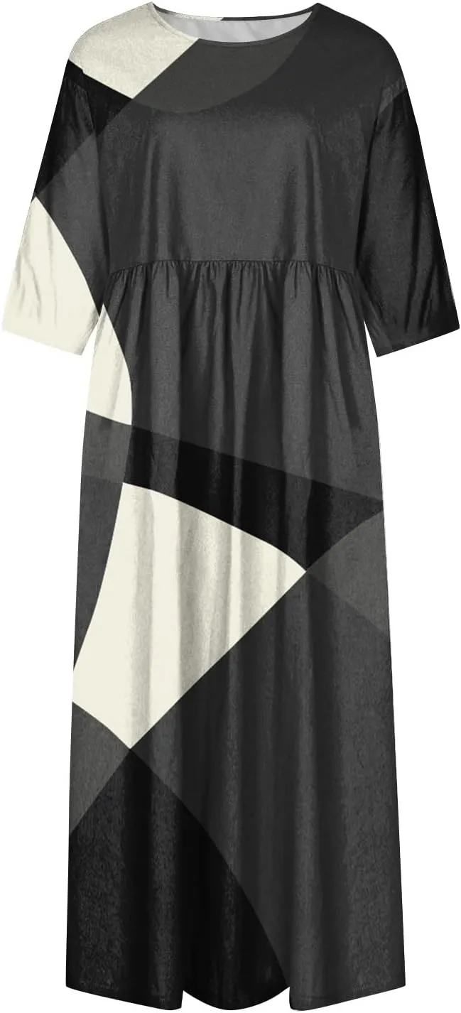 FlekmanArt Dresses for Women 2024 Round Neck Pocket Long Dresses Pleated Printed Dresses Short Sleeve Casual Beach Dress