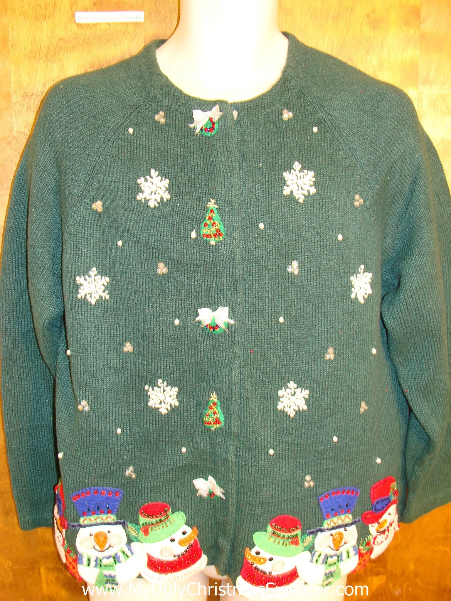 Funny Green Christmas Sweater with Snowman Clan