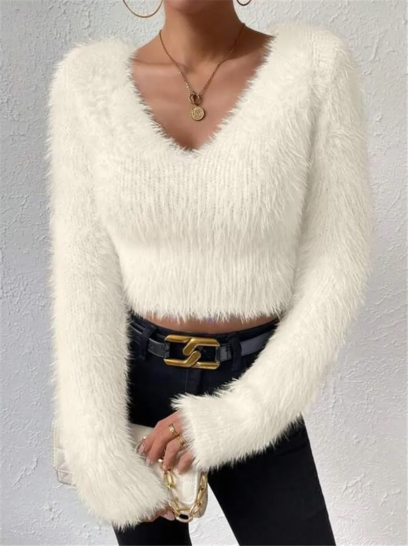 Fuzzy Sweater for Women Long Sleeve V Neck Crop Sweater Cute Plain Fitted Warm Crop Tops Knitwear Sweater Short Tops