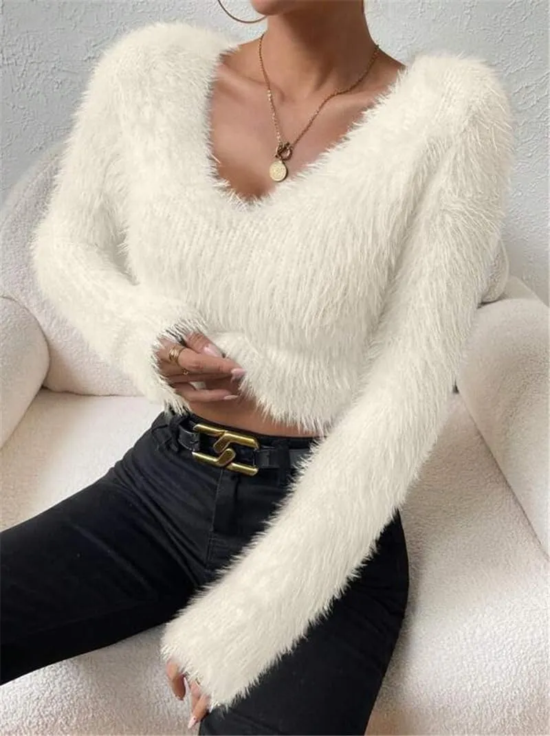 Fuzzy Sweater for Women Long Sleeve V Neck Crop Sweater Cute Plain Fitted Warm Crop Tops Knitwear Sweater Short Tops