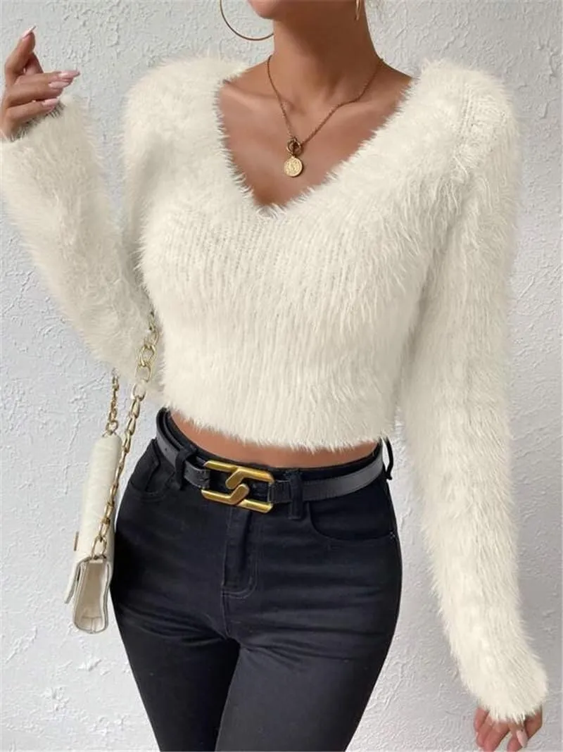 Fuzzy Sweater for Women Long Sleeve V Neck Crop Sweater Cute Plain Fitted Warm Crop Tops Knitwear Sweater Short Tops