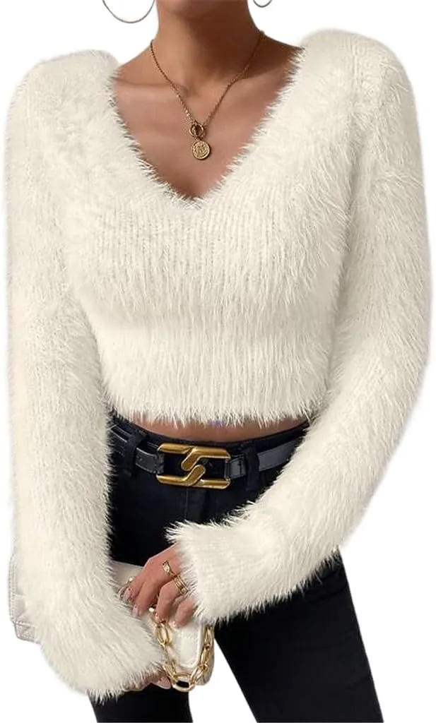 Fuzzy Sweater for Women Long Sleeve V Neck Crop Sweater Cute Plain Fitted Warm Crop Tops Knitwear Sweater Short Tops