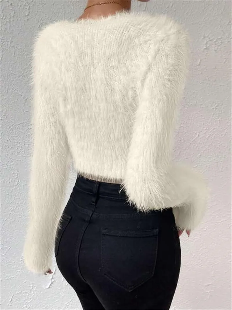 Fuzzy Sweater for Women Long Sleeve V Neck Crop Sweater Cute Plain Fitted Warm Crop Tops Knitwear Sweater Short Tops