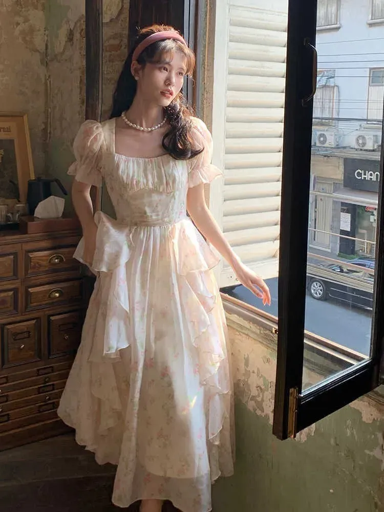 Girlary One Piece Dress Korea Fairy Floral Midi Dress Women Puff Sleeve Elegant Vintage Dress Female Party Dress Office Lady Summer