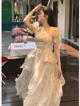 Girlary One Piece Dress Korea Fairy Floral Midi Dress Women Puff Sleeve Elegant Vintage Dress Female Party Dress Office Lady Summer