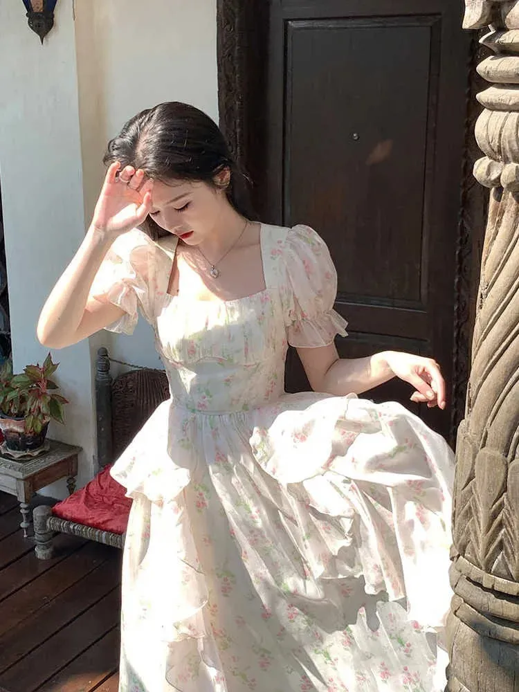 Girlary One Piece Dress Korea Fairy Floral Midi Dress Women Puff Sleeve Elegant Vintage Dress Female Party Dress Office Lady Summer