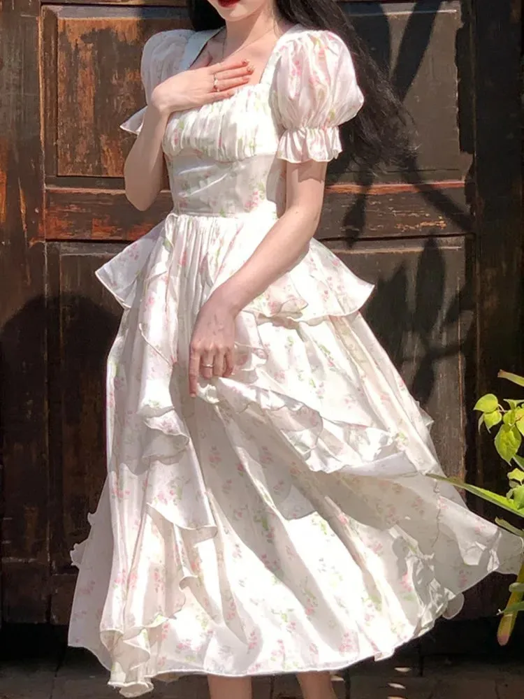 Girlary One Piece Dress Korea Fairy Floral Midi Dress Women Puff Sleeve Elegant Vintage Dress Female Party Dress Office Lady Summer