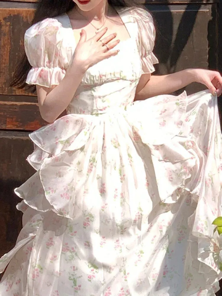 Girlary One Piece Dress Korea Fairy Floral Midi Dress Women Puff Sleeve Elegant Vintage Dress Female Party Dress Office Lady Summer
