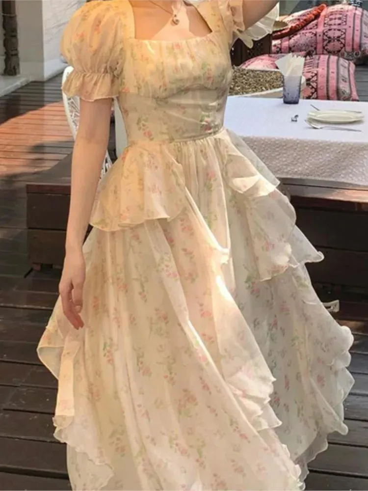 Girlary One Piece Dress Korea Fairy Floral Midi Dress Women Puff Sleeve Elegant Vintage Dress Female Party Dress Office Lady Summer