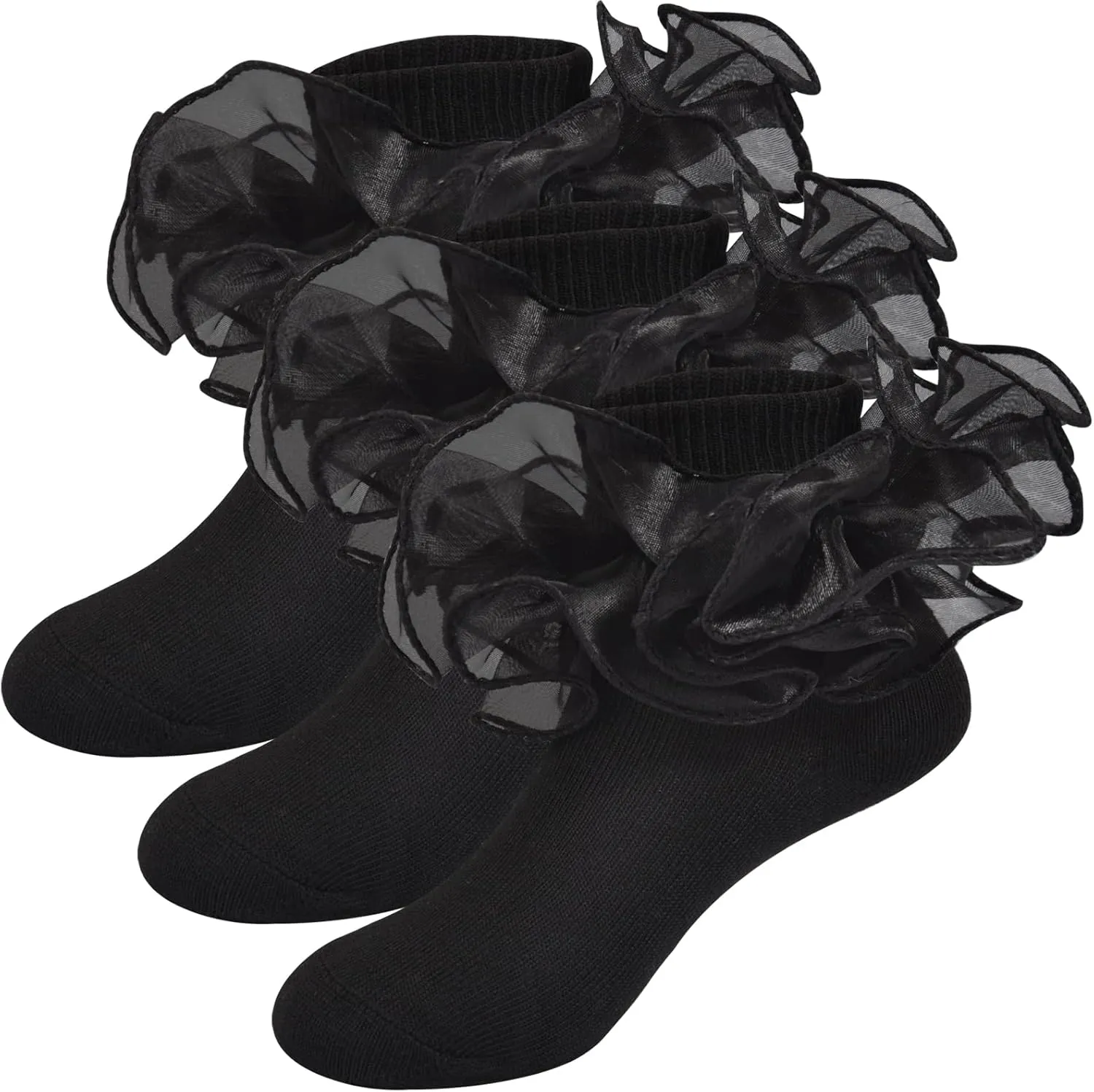 Girls Ruffle Socks Frilly Double Lace Socks Cotton Turn Cuff Socks Toddler Pageant Socks for Girls 3/6 Pack
