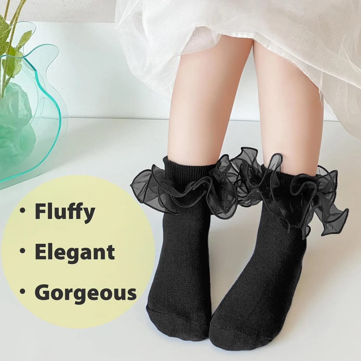 Girls Ruffle Socks Frilly Double Lace Socks Cotton Turn Cuff Socks Toddler Pageant Socks for Girls 3/6 Pack