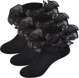 Girls Ruffle Socks Frilly Double Lace Socks Cotton Turn Cuff Socks Toddler Pageant Socks for Girls 3/6 Pack