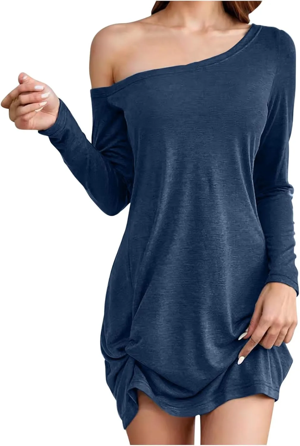 HGps8w Womens Off The Shoulder Sexy Tshirt Dress - Chic Ruched Hem Loose Long Sleeve Pullover Tunic Mini Dresses