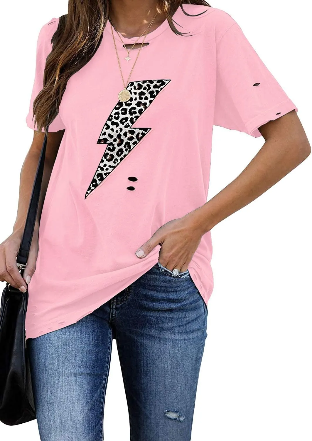 INFITTY Womens Basic Graphic Tees Casual Summer Short Sleeve Shirt Blouse Lightning Leopard Print Tops Tunic