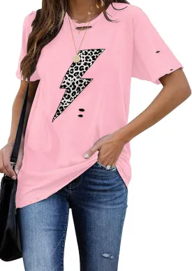 INFITTY Womens Basic Graphic Tees Casual Summer Short Sleeve Shirt Blouse Lightning Leopard Print Tops Tunic