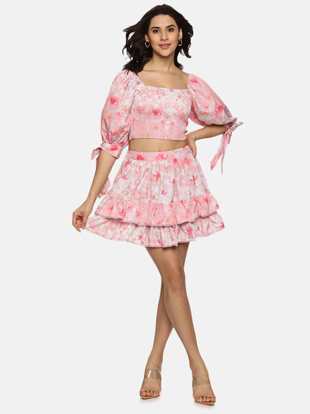 IS.U Floral Pink Two Tier Mini Skirt