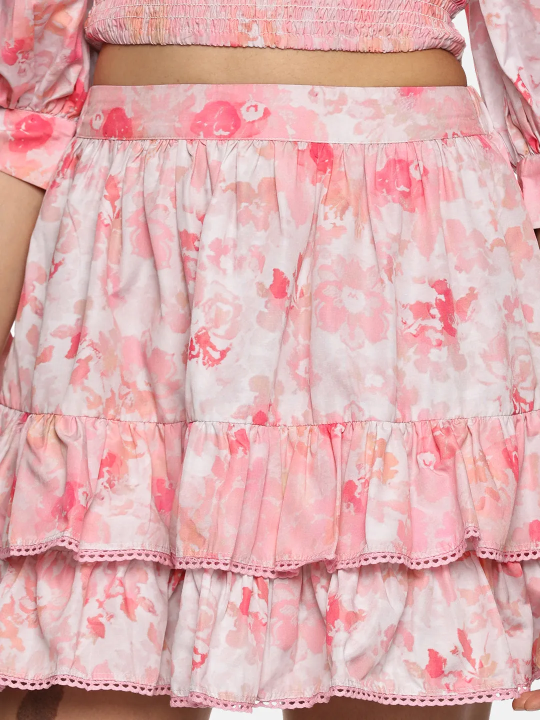 IS.U Floral Pink Two Tier Mini Skirt