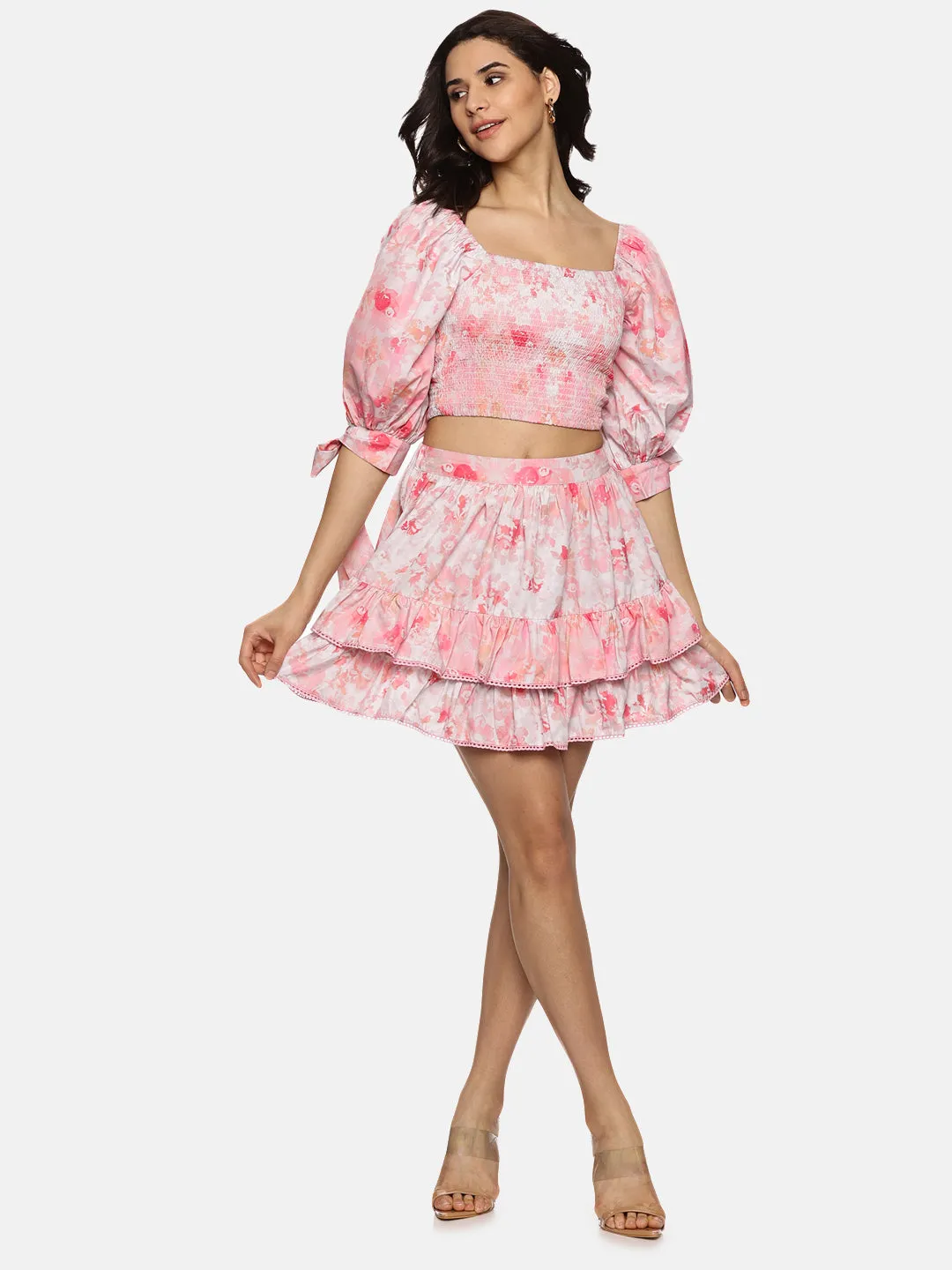 IS.U Floral Pink Two Tier Mini Skirt