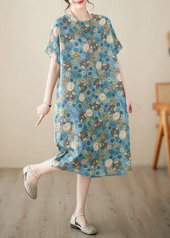 Italian Light Blue Print Cotton Party Long Dress Summer LY6070
