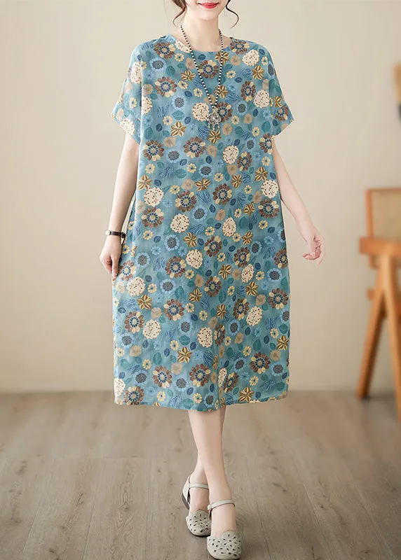 Italian Light Blue Print Cotton Party Long Dress Summer LY6070