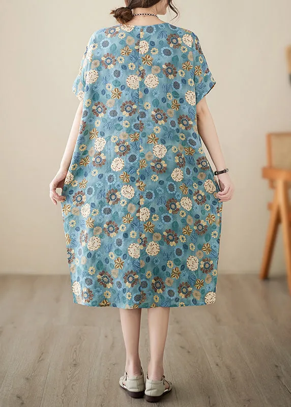 Italian Light Blue Print Cotton Party Long Dress Summer LY6070