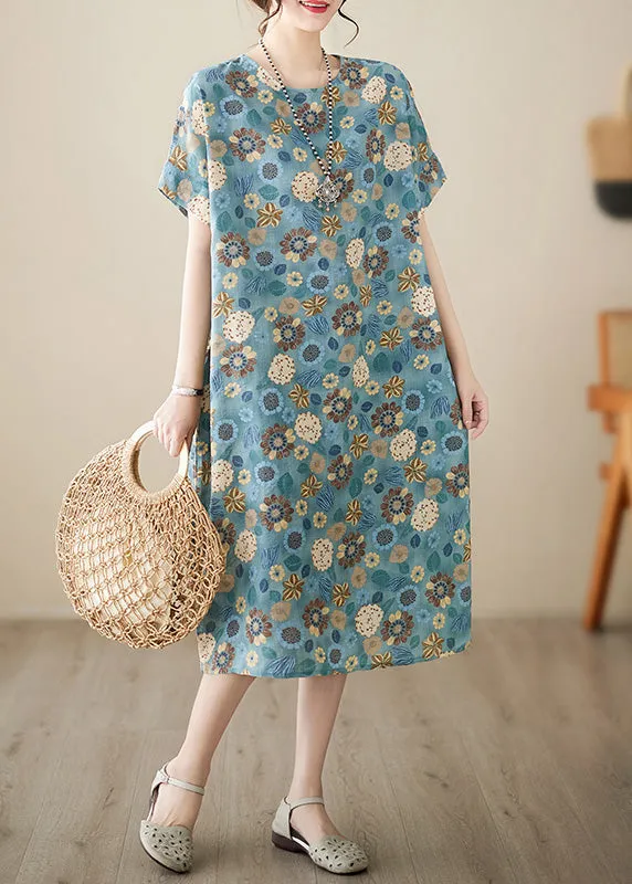 Italian Light Blue Print Cotton Party Long Dress Summer LY6070