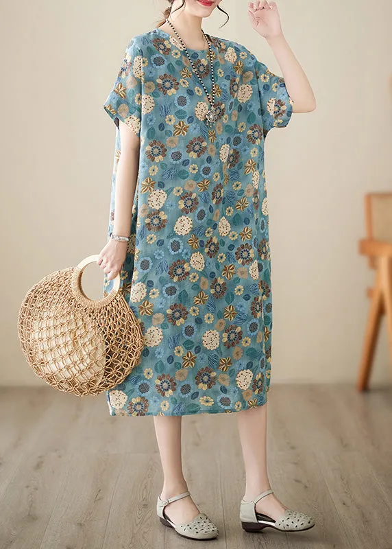 Italian Light Blue Print Cotton Party Long Dress Summer LY6070