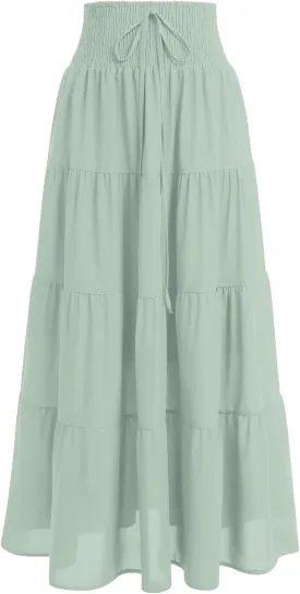 IWEMEK Women Boho Elastic Waist A Line Ruffle Beach Convertible Maxi Skirt Dress Tired Pleated Drawstring Chiffon Long Skirts