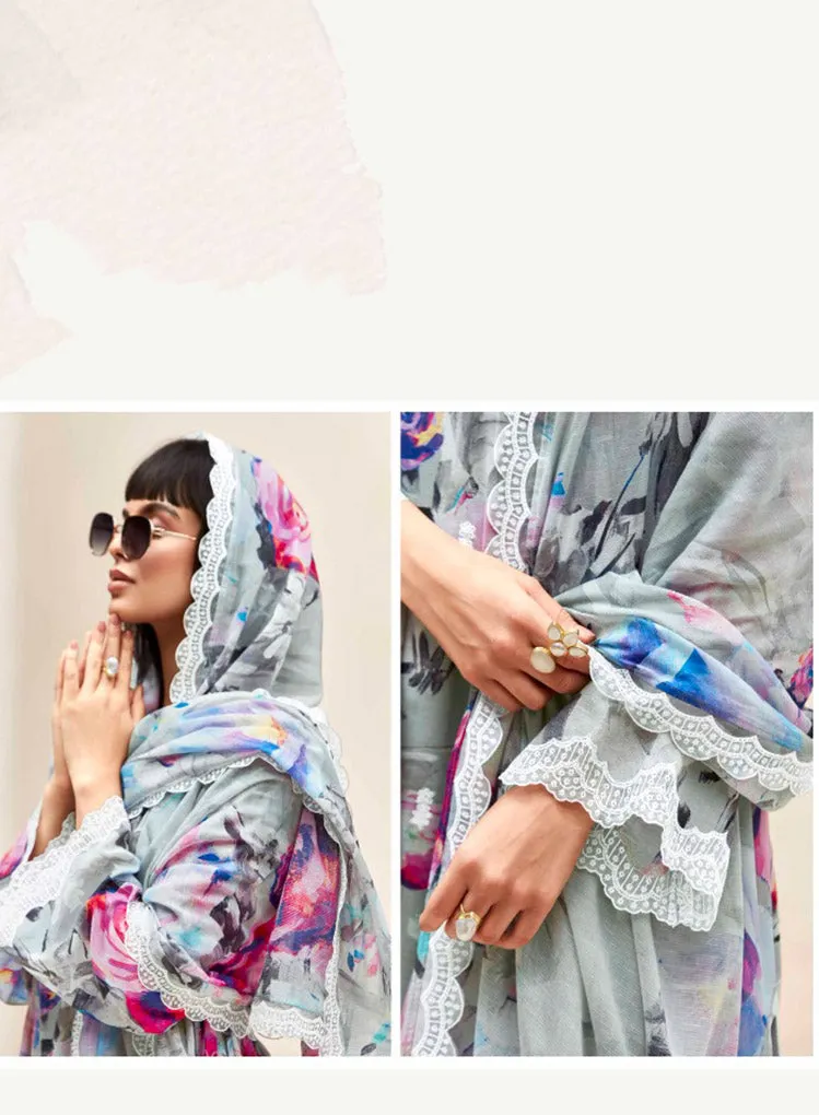 Kimora Pure Linen Grey Unstitched Suit Dress Material with Embroidery