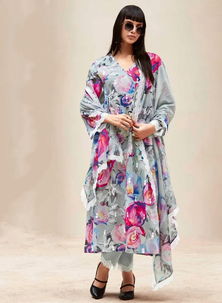 Kimora Pure Linen Grey Unstitched Suit Dress Material with Embroidery