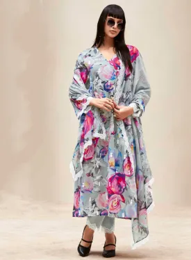 Kimora Pure Linen Grey Unstitched Suit Dress Material with Embroidery