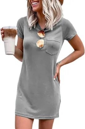 Ladiyo Women T Shirt Dress Summer Fashion Mini Dress Crew Neck Short Sleeve Dress Solid Color Casual Dress with Pocket