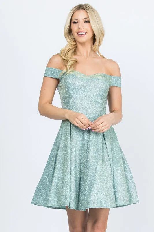 Light Green Off The Shoulder Skater Dress Jaquard