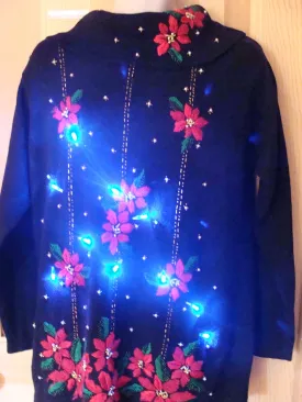 Light Up Ugly Xmas Sweater Red Poinsettias