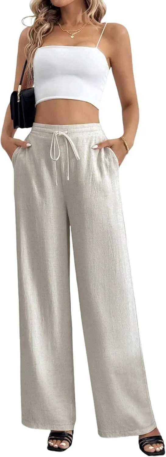 Linen Pants for Women Wide Leg Summer Palazzo Pants Flowy Beach Pants with Pockets