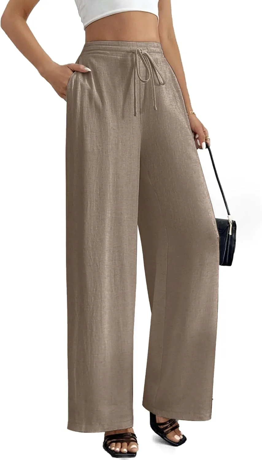 Linen Pants for Women Wide Leg Summer Palazzo Pants Flowy Beach Pants with Pockets