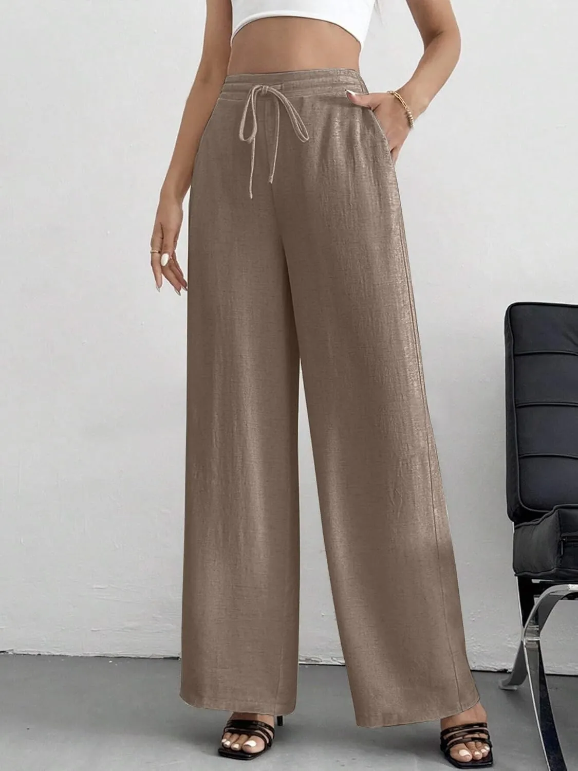 Linen Pants for Women Wide Leg Summer Palazzo Pants Flowy Beach Pants with Pockets