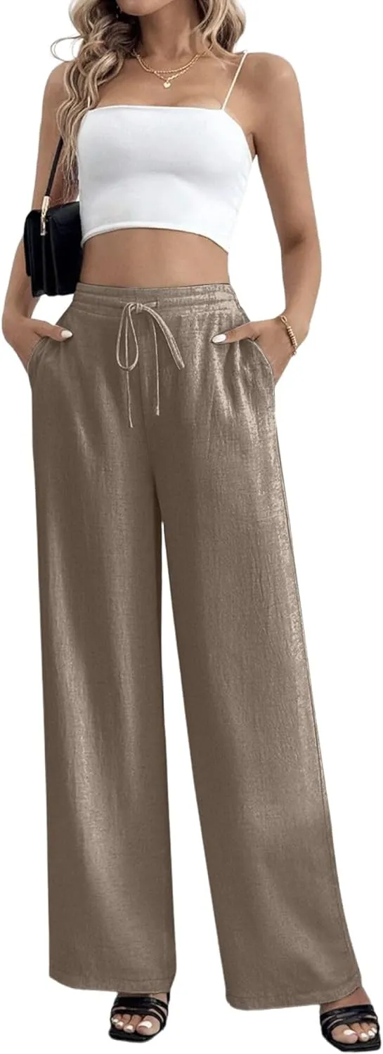 Linen Pants for Women Wide Leg Summer Palazzo Pants Flowy Beach Pants with Pockets