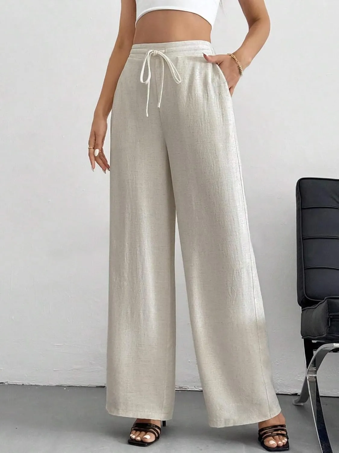 Linen Pants for Women Wide Leg Summer Palazzo Pants Flowy Beach Pants with Pockets