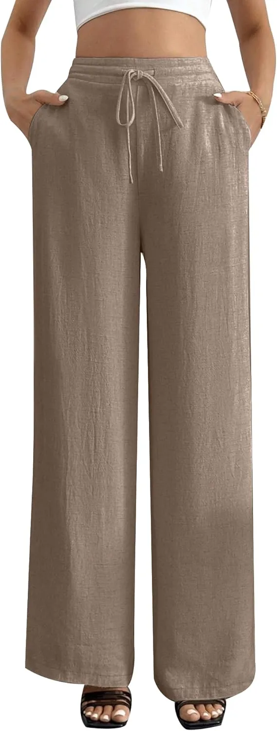 Linen Pants for Women Wide Leg Summer Palazzo Pants Flowy Beach Pants with Pockets