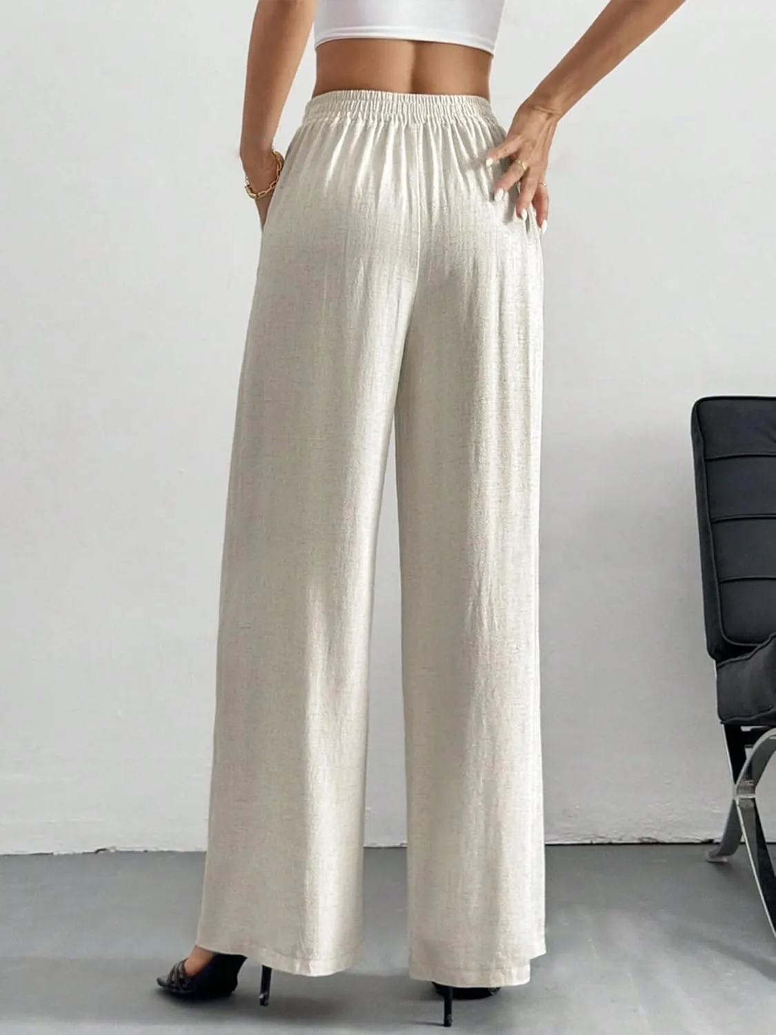 Linen Pants for Women Wide Leg Summer Palazzo Pants Flowy Beach Pants with Pockets