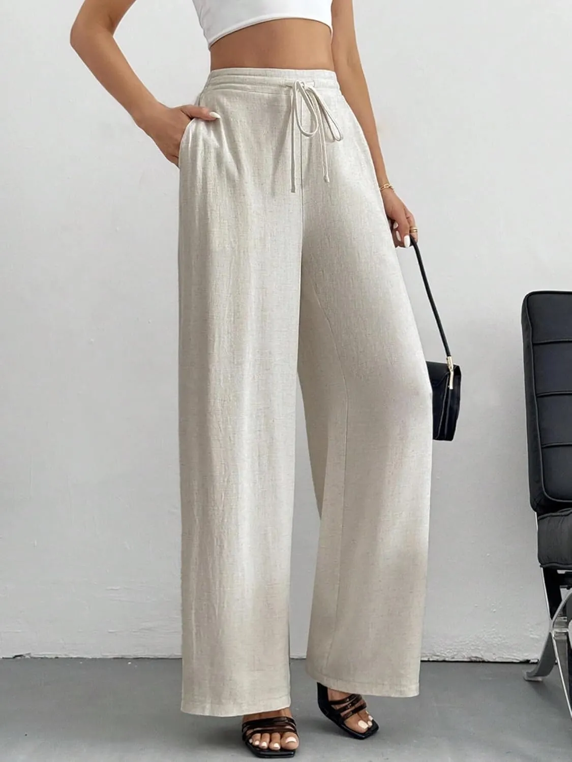 Linen Pants for Women Wide Leg Summer Palazzo Pants Flowy Beach Pants with Pockets