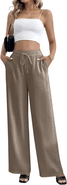 Linen Pants for Women Wide Leg Summer Palazzo Pants Flowy Beach Pants with Pockets