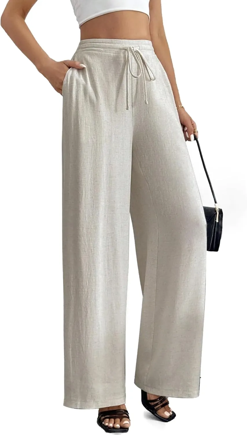 Linen Pants for Women Wide Leg Summer Palazzo Pants Flowy Beach Pants with Pockets