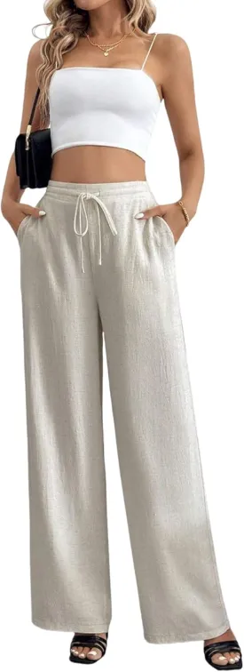 Linen Pants for Women Wide Leg Summer Palazzo Pants Flowy Beach Pants with Pockets
