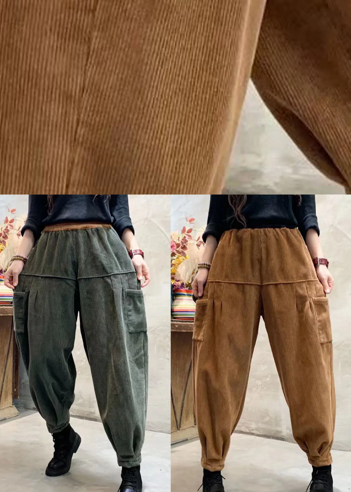 Loose Green Corduroy Patchwork Thick Cargo Winter Pants