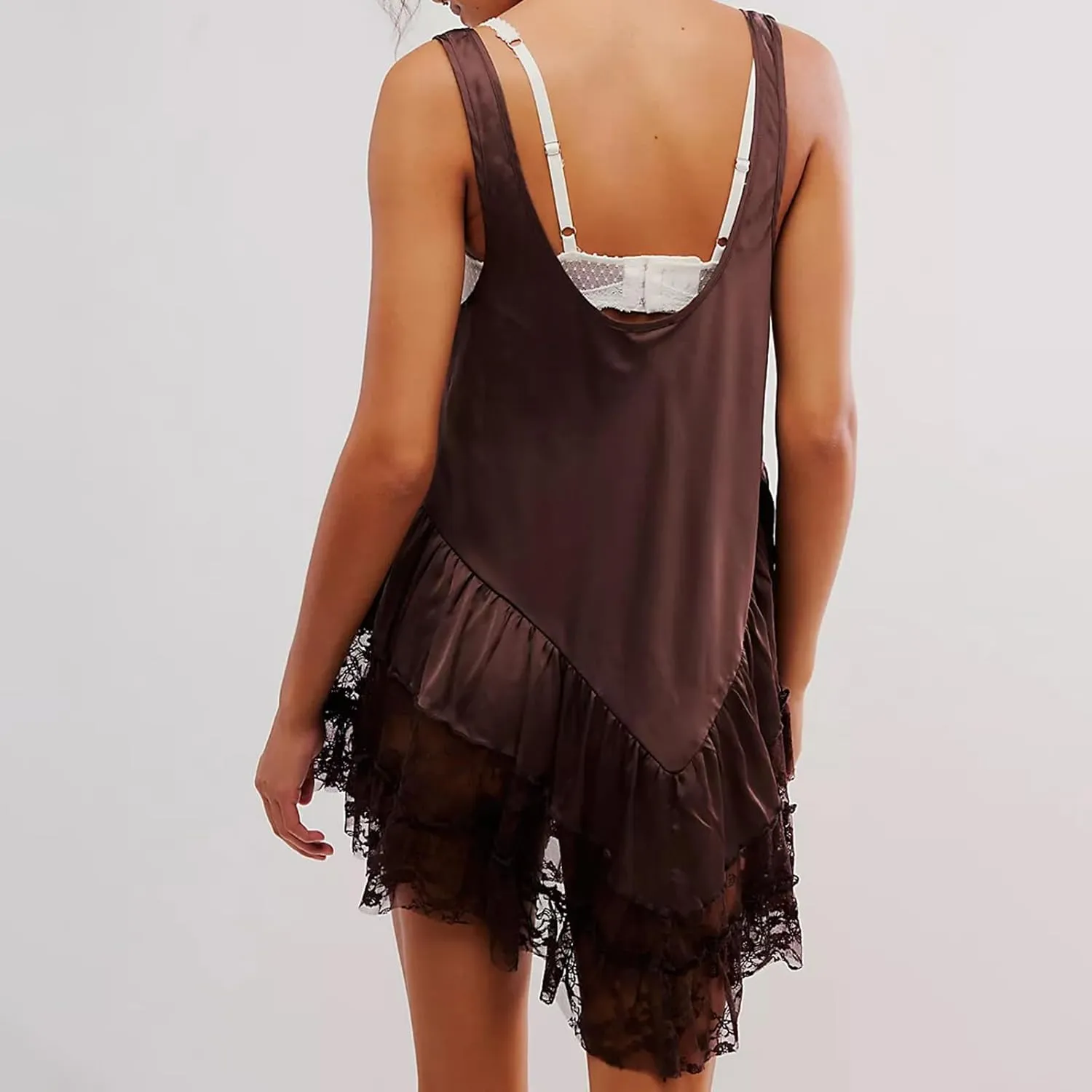 Luckinbaby Women Y2k Mini Dress Lace Flowy Short Tank Dress Backless Ruffle Spaghetti Strap Sleeveless Slip Under Dress
