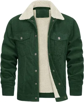 Men's Corduroy Sherpa Lined Trucker Jacket Winter Fleece Warm Coats Work Button Down Fur Collar Shirt Jacket for Men
