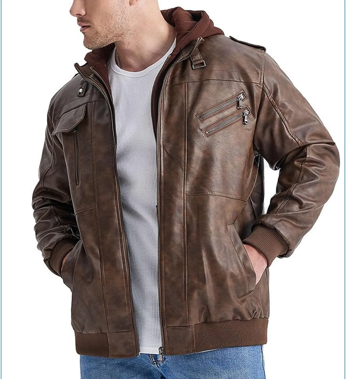 Men's Faux Leather Jacket Warm Windproof Leather Jackets Fall Winter Motorcycle Biker Coat with Removable Hood