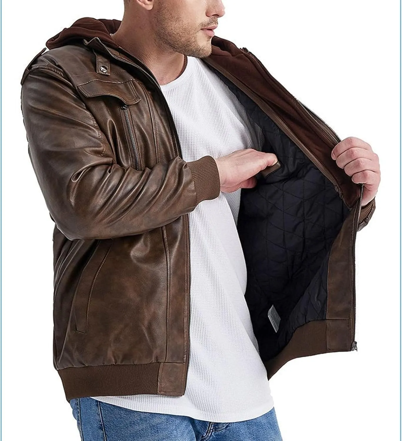 Men's Faux Leather Jacket Warm Windproof Leather Jackets Fall Winter Motorcycle Biker Coat with Removable Hood
